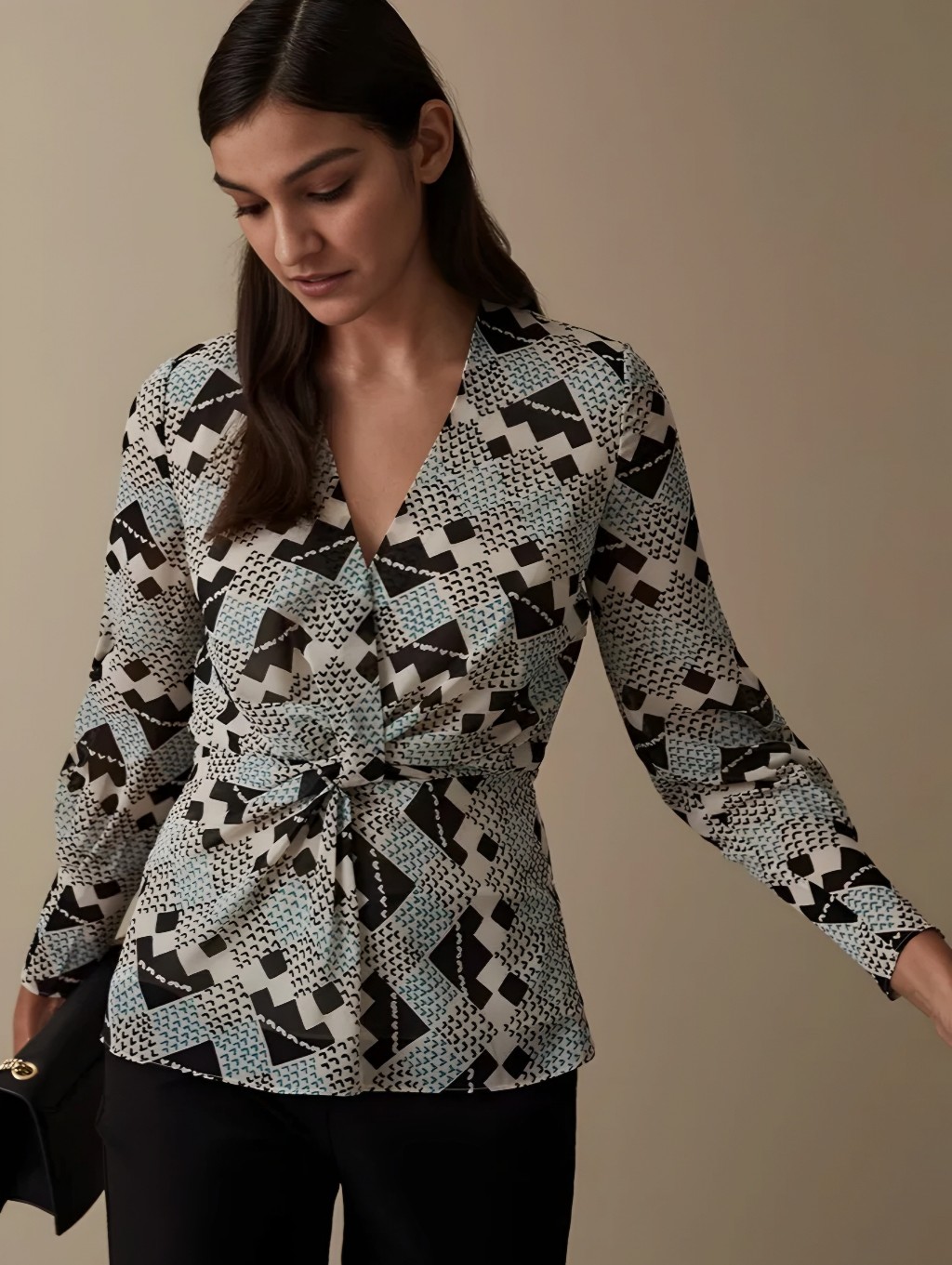 Reiss Twist Pleat Sleeve Geometric Blue Black Cream Livinia Top, 10
